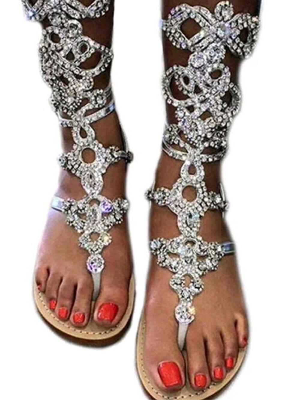 Silver Jeweled Gladiator Flat Sandals for Women